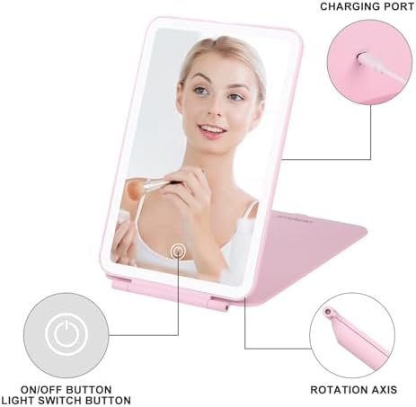 Compact Travel Makeup Mirror - 3 Adjustable Lights Rechargeable Lightweight Pink