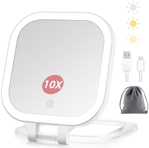 Double-Sided 1X10X Travel Makeup Mirror with LED Lights and Folding Design
