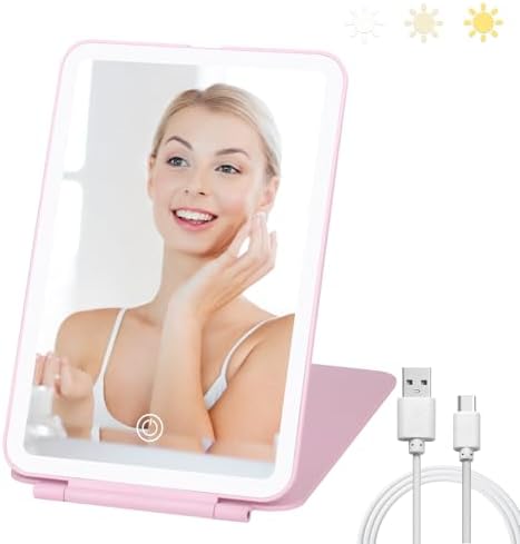 Compact Travel Makeup Mirror - 3 Adjustable Lights Rechargeable Lightweight Pink