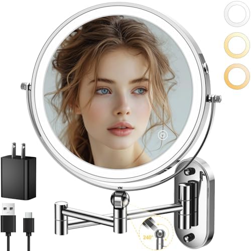 Wall-Mounted Lighted Makeup Mirror Extendable Arm 1X10X Magnification