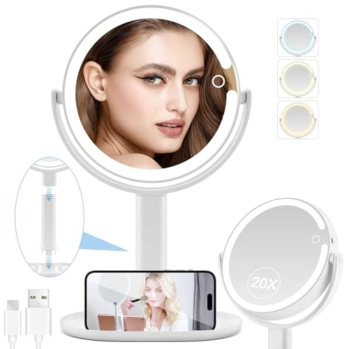 MIYADIVA Double-Sided Makeup Mirror with 20X Adjustable Lights Detachable Design