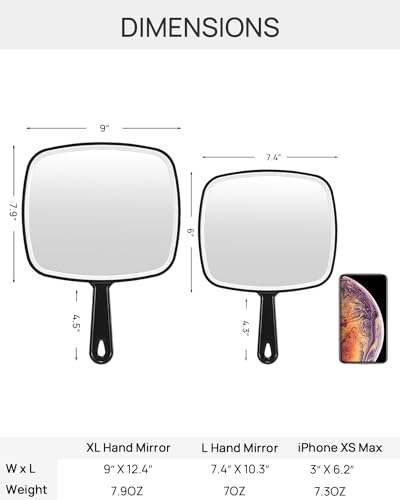 OMIRO Extra Large Handheld Mirror with Handle - Black Pack of 3