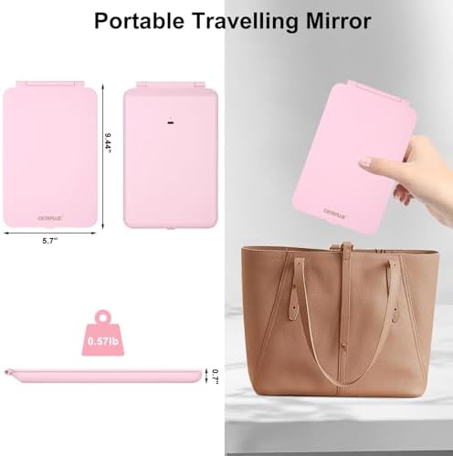 Compact Travel Makeup Mirror - 3 Adjustable Lights Rechargeable Lightweight Pink