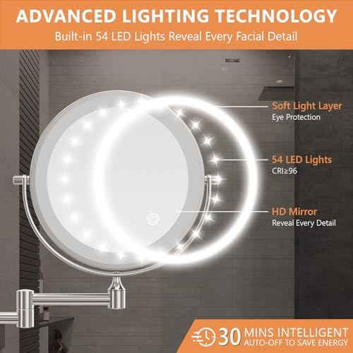 Rechargeable Wall-Mounted Makeup Mirror with 3-Sided Light for Bathroom