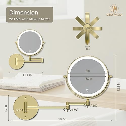 MIROAMZ Rechargeable Wall Mounted Lighted Makeup Vanity Mirror 8 Double Sided