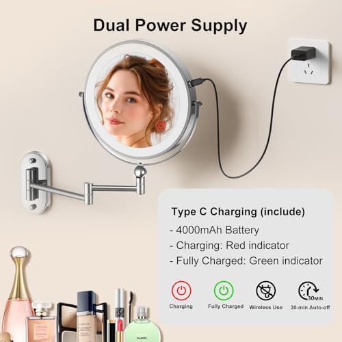 Wall-Mounted Lighted Makeup Mirror Extendable Arm 1X10X Magnification