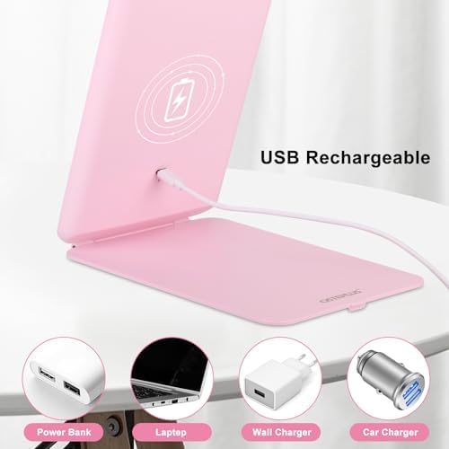 Compact Travel Makeup Mirror - 3 Adjustable Lights Rechargeable Lightweight Pink