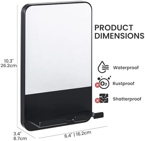 etaili Fogless Shower Mirror Anti-Fog RFID Holder Suction Shaving Black