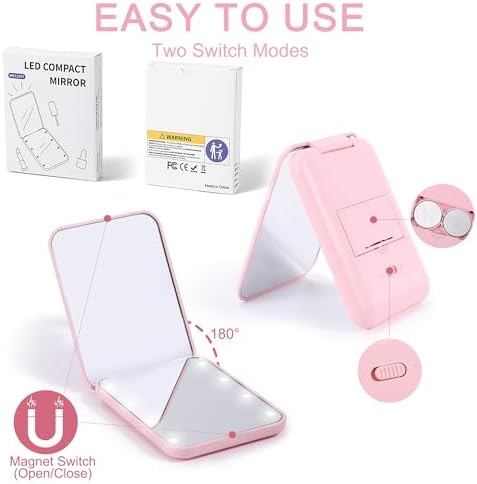 STINI compact pink makeup mirror with light