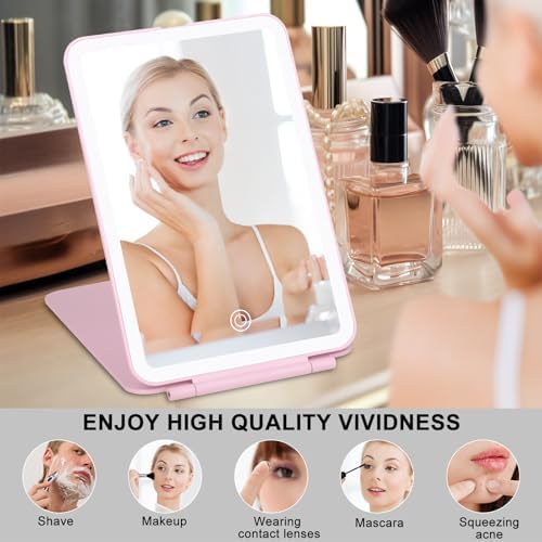 Compact Travel Makeup Mirror - 3 Adjustable Lights Rechargeable Lightweight Pink