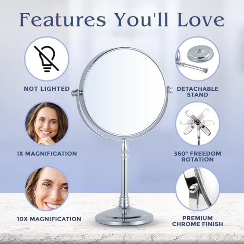 Large Double-Sided 10X Makeup Mirror with Stand