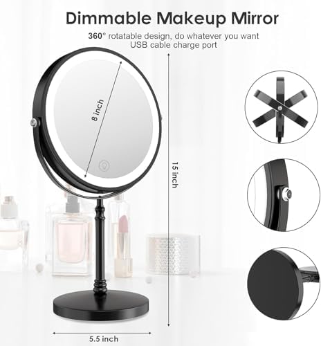 DEIOVWXS Lighted Makeup Mirror Rechargeable 3000mAh 360 Rotation Bright Adjustable Womens Gift