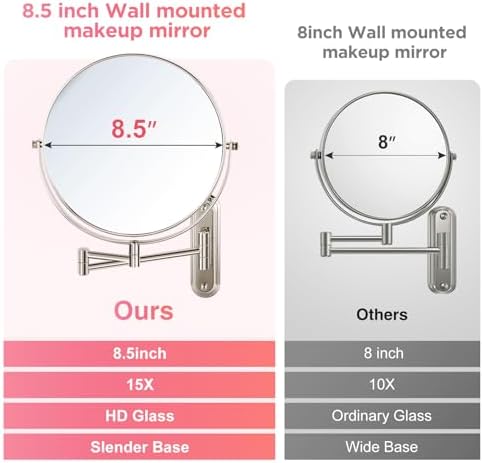 Wall Mounted Double Sided 1X15X Magnifying Mirror with Extending Arm