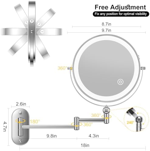 Wall-Mounted Lighted Makeup Mirror Extendable Arm 1X10X Magnification