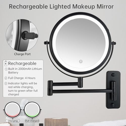 Wall-Mounted 10X Rechargeable Makeup Mirror with 3 Lights