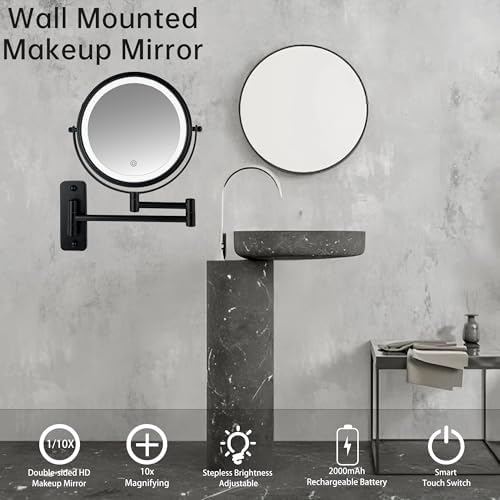 Wall-Mounted 10X Rechargeable Makeup Mirror with 3 Lights