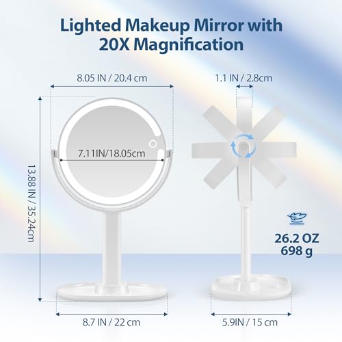 MIYADIVA Double-Sided Makeup Mirror with 20X Adjustable Lights Detachable Design