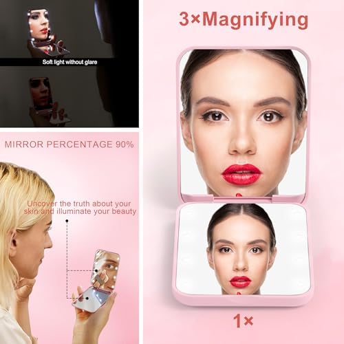 STINI compact pink makeup mirror with light