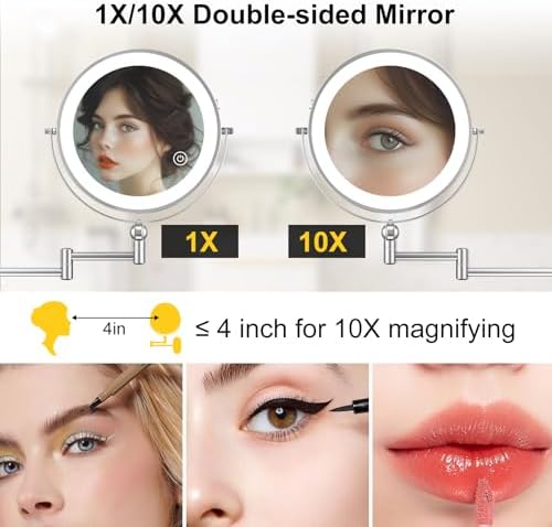 Wall-Mounted Lighted Makeup Mirror Extendable Arm 1X10X Magnification