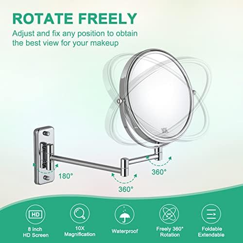 Eight-Inch Wall Mounted Magnifying Mirror with 10x Magnification Chrome Finished