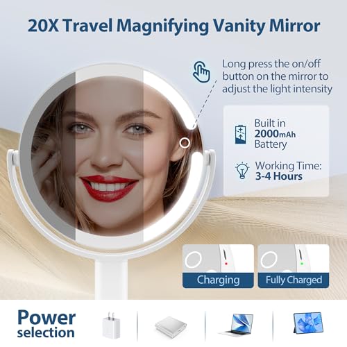 MIYADIVA Double-Sided Makeup Mirror with 20X Adjustable Lights Detachable Design