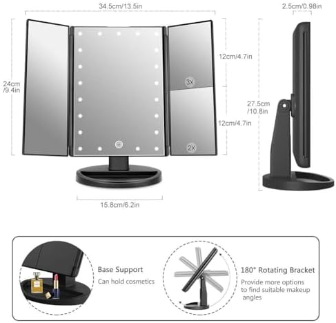 Compact Stylish 3x2x Magnifying Vanities with Touch Screen Light Black