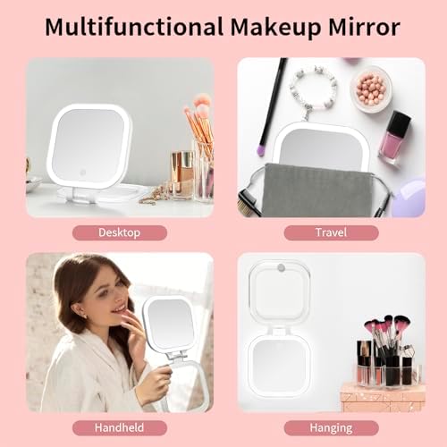 Double-Sided 1X10X Travel Makeup Mirror with LED Lights and Folding Design