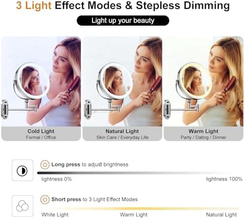 Wall-Mounted Lighted Makeup Mirror Extendable Arm 1X10X Magnification