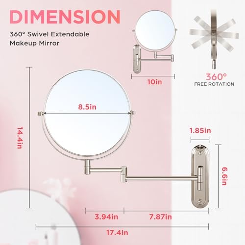 Wall Mounted Double Sided 1X15X Magnifying Mirror with Extending Arm