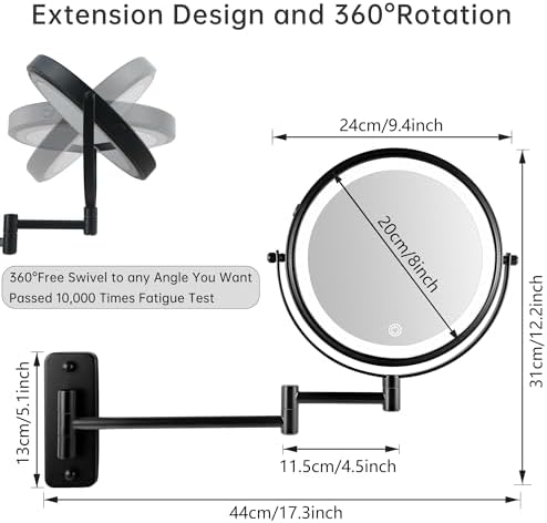 Wall-Mounted 10X Rechargeable Makeup Mirror with 3 Lights
