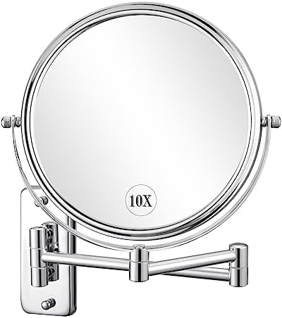 Eight-Inch Wall Mounted Magnifying Mirror with 10x Magnification Chrome Finished