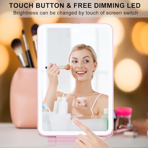 Compact Travel Makeup Mirror - 3 Adjustable Lights Rechargeable Lightweight Pink