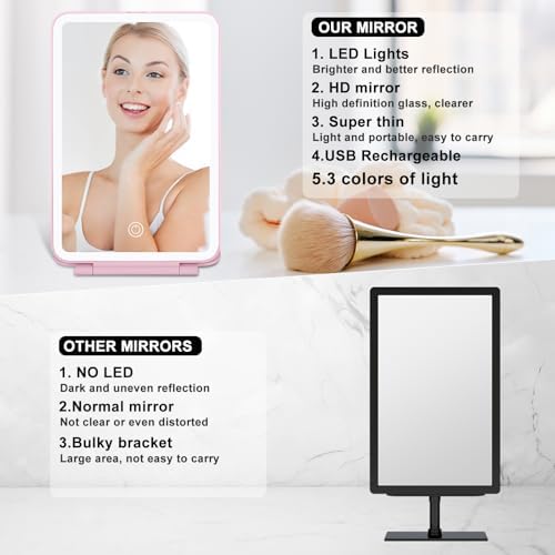 Compact Travel Makeup Mirror - 3 Adjustable Lights Rechargeable Lightweight Pink