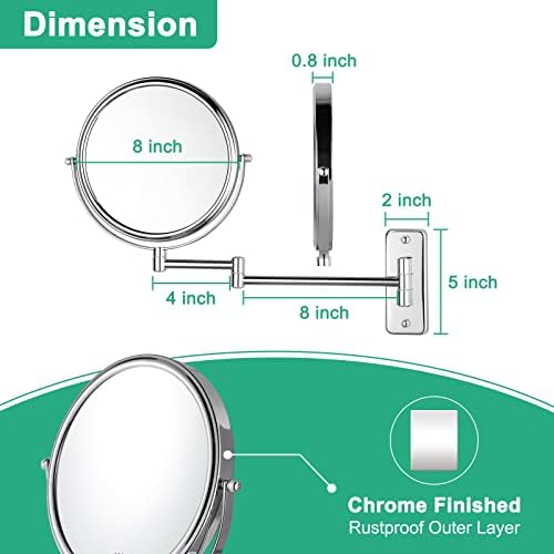 Eight-Inch Wall Mounted Magnifying Mirror with 10x Magnification Chrome Finished