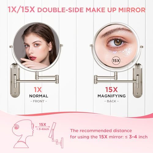 Wall Mounted Double Sided 1X15X Magnifying Mirror with Extending Arm