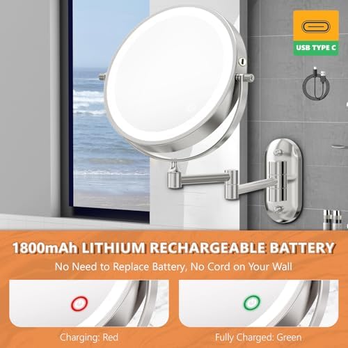 Rechargeable Wall-Mounted Makeup Mirror with 3-Sided Light for Bathroom