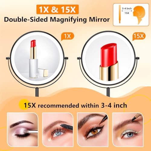 ALHAKIN 15X Magnifying Makeup Mirror 9 Lighted Premium Rotating