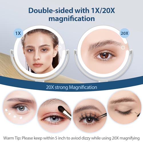MIYADIVA Double-Sided Makeup Mirror with 20X Adjustable Lights Detachable Design