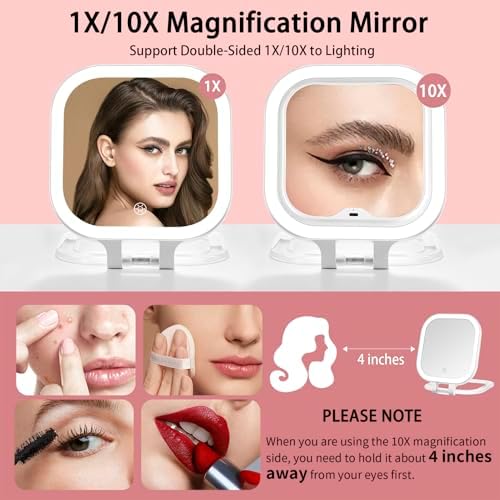 Double-Sided 1X10X Travel Makeup Mirror with LED Lights and Folding Design