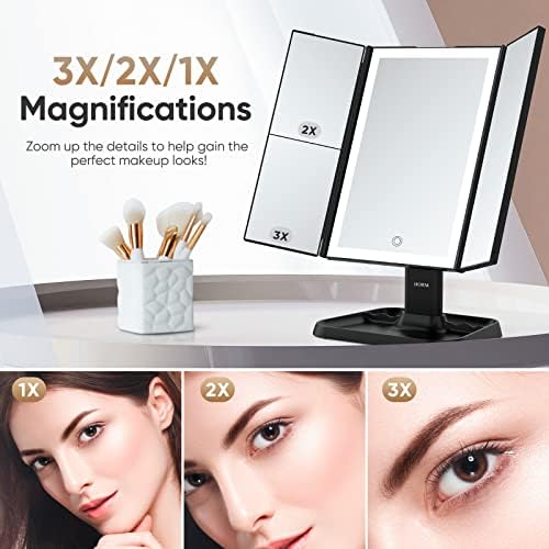 HORM Trifold Makeup Vanity Mirror with 3 Lighting Modes