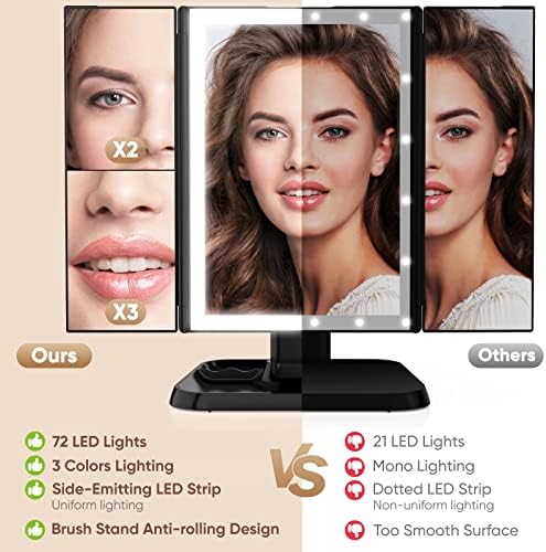 HORM Trifold Makeup Vanity Mirror with 3 Lighting Modes