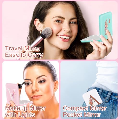 STINI compact pink makeup mirror with light