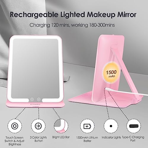 ESWU 10X Magnifying Travel Makeup Mirror with LED Light and Stand