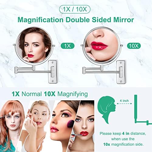 Eight-Inch Wall Mounted Magnifying Mirror with 10x Magnification Chrome Finished